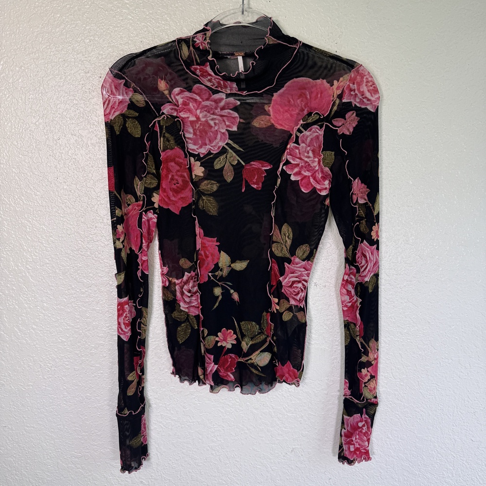 Free People Charlie Top Womens Small Floral Mesh Sheer Mock Neck Romantic Boho